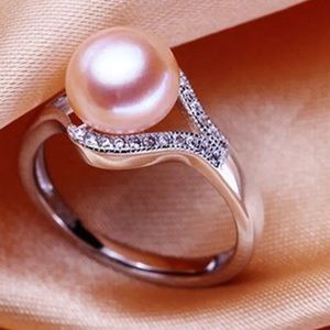 Freshwater Pink Pearl & White Rhinestones Ring Silver steel adjustable setting